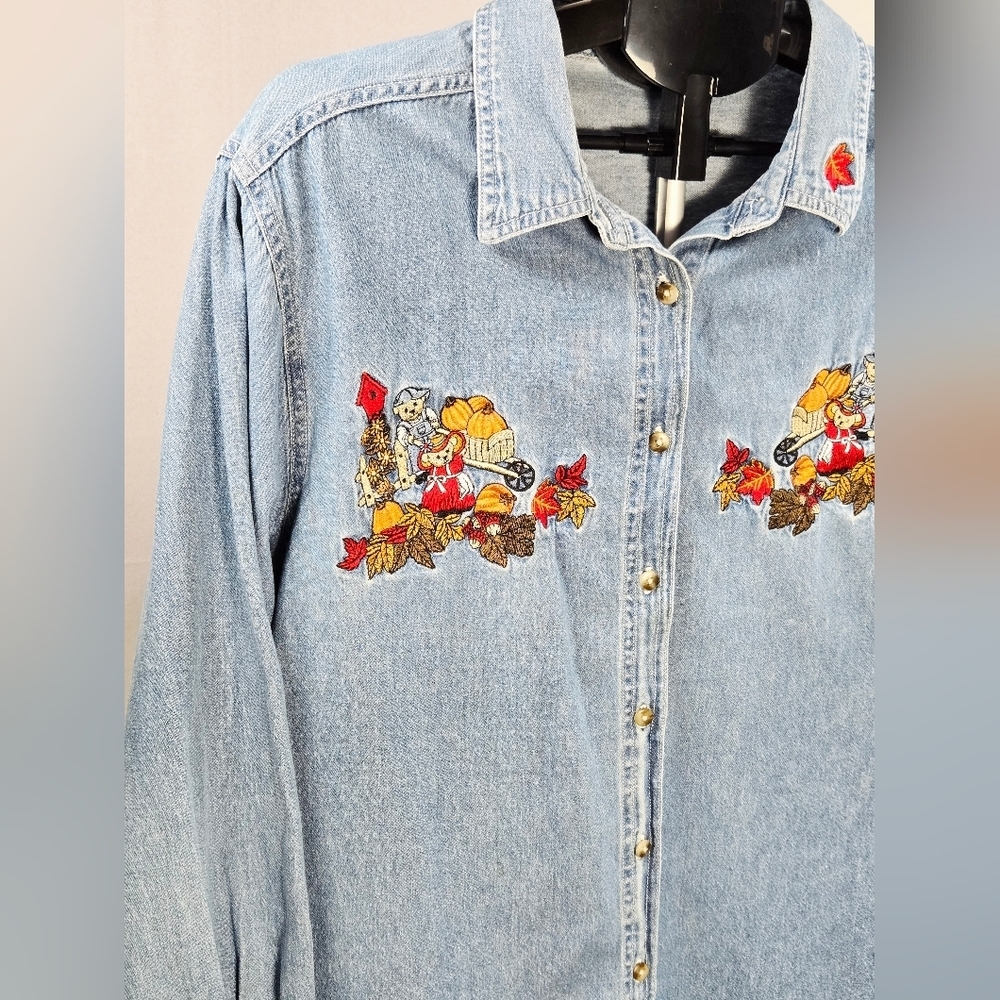 Vintage Bobbie Brooks Fall Teddy Bear Embroidered Rustic Denim Button Up, XL - Picture 2 of 4